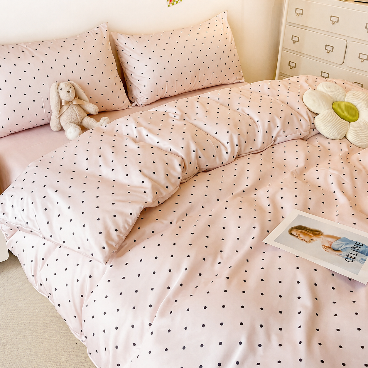 Pink Polka Dot Luxury Silk Bed Set