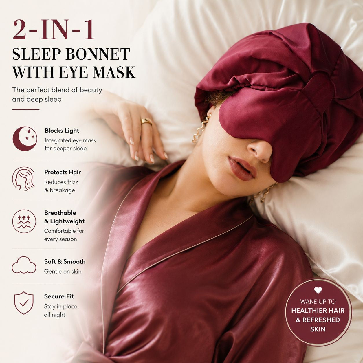Silk Sleep Bonnet with Foldable Eye Mask ¨C Anti-Frizz Hair & Light-Blocking Comfort