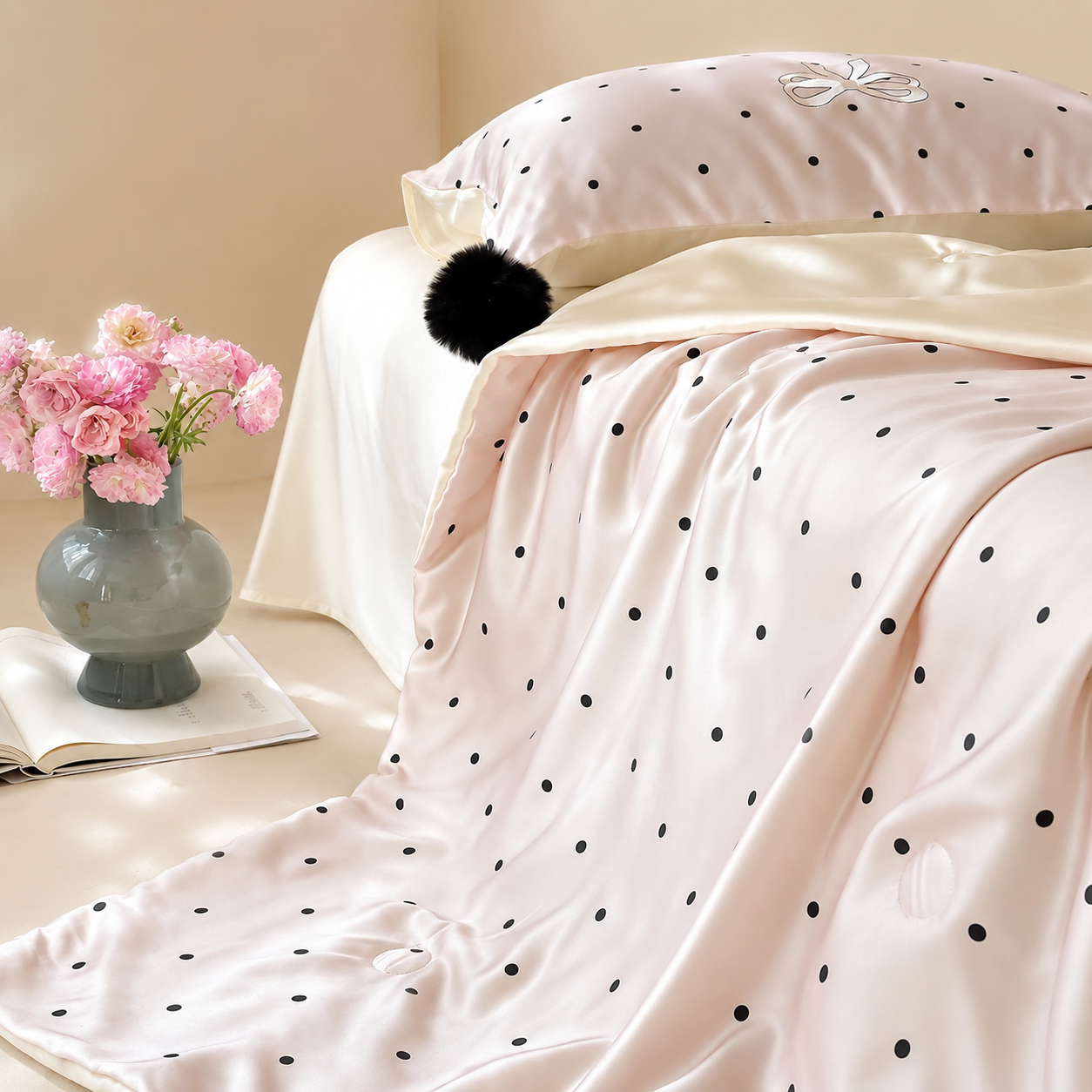 Pink Polka Dot Luxury Silk Bed Set