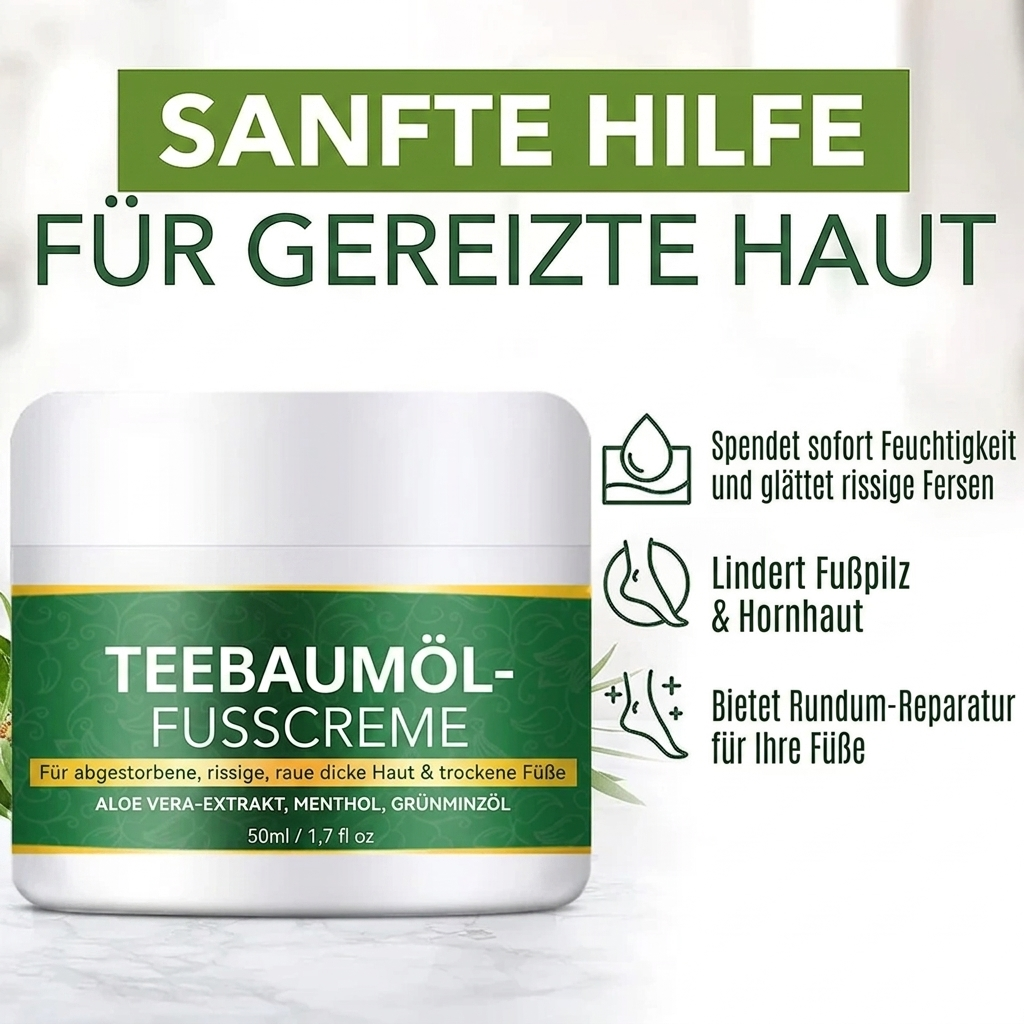 Premium Teebaumöl Fußcreme (50g) – Intensive Pflege gegen Hornhaut, Schrunden & Fußpilz – Mit Aloe Vera & Menthol für trockene Füße