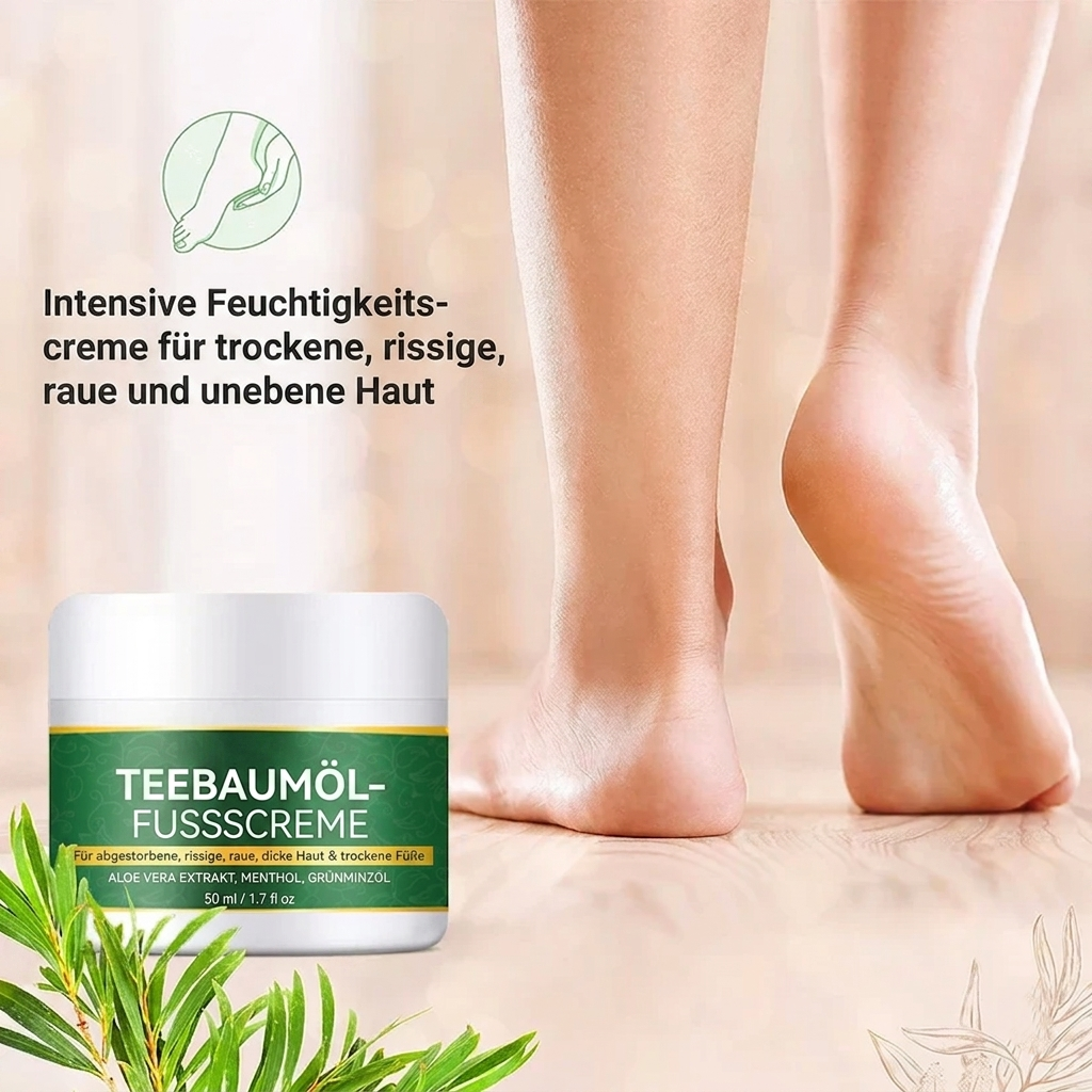 Premium Teebaumöl Fußcreme (50g) – Intensive Pflege gegen Hornhaut, Schrunden & Fußpilz – Mit Aloe Vera & Menthol für trockene Füße