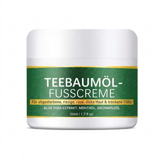 Premium Teebaumöl Fußcreme (50g) – Intensive Pflege gegen Hornhaut, Schrunden & Fußpilz – Mit Aloe Vera & Menthol für trockene Füße