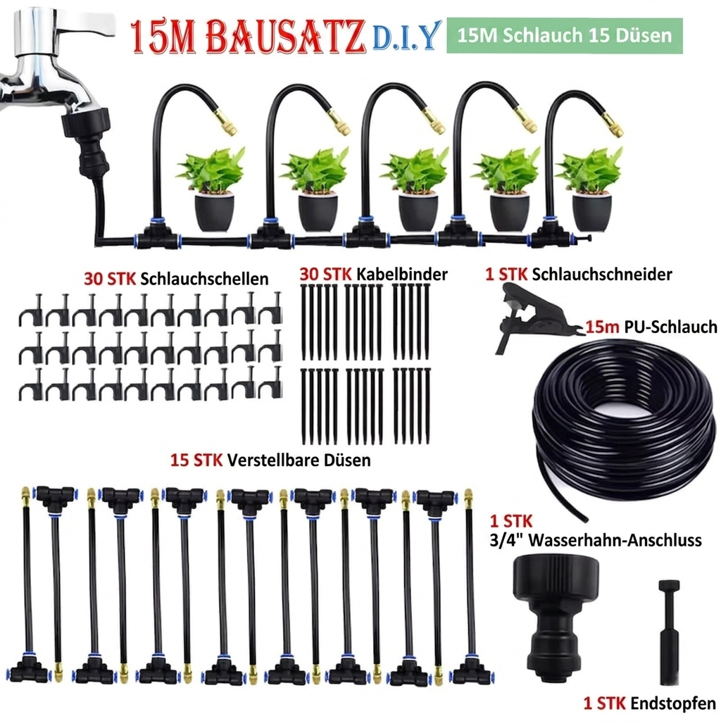 Premium Automatisches Sprühbewässerung-Set – 360° DIY Flexibles Mikrobewässerungssystem mit Schnellanschluss & Wassersparventil