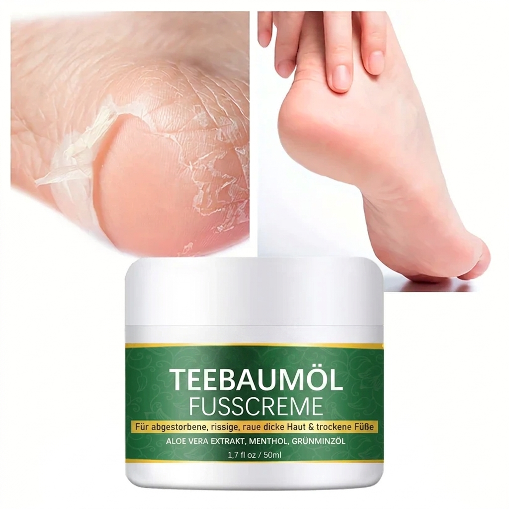 Premium Teebaumöl Fußcreme (50g) – Intensive Pflege gegen Hornhaut, Schrunden & Fußpilz – Mit Aloe Vera & Menthol für trockene Füße