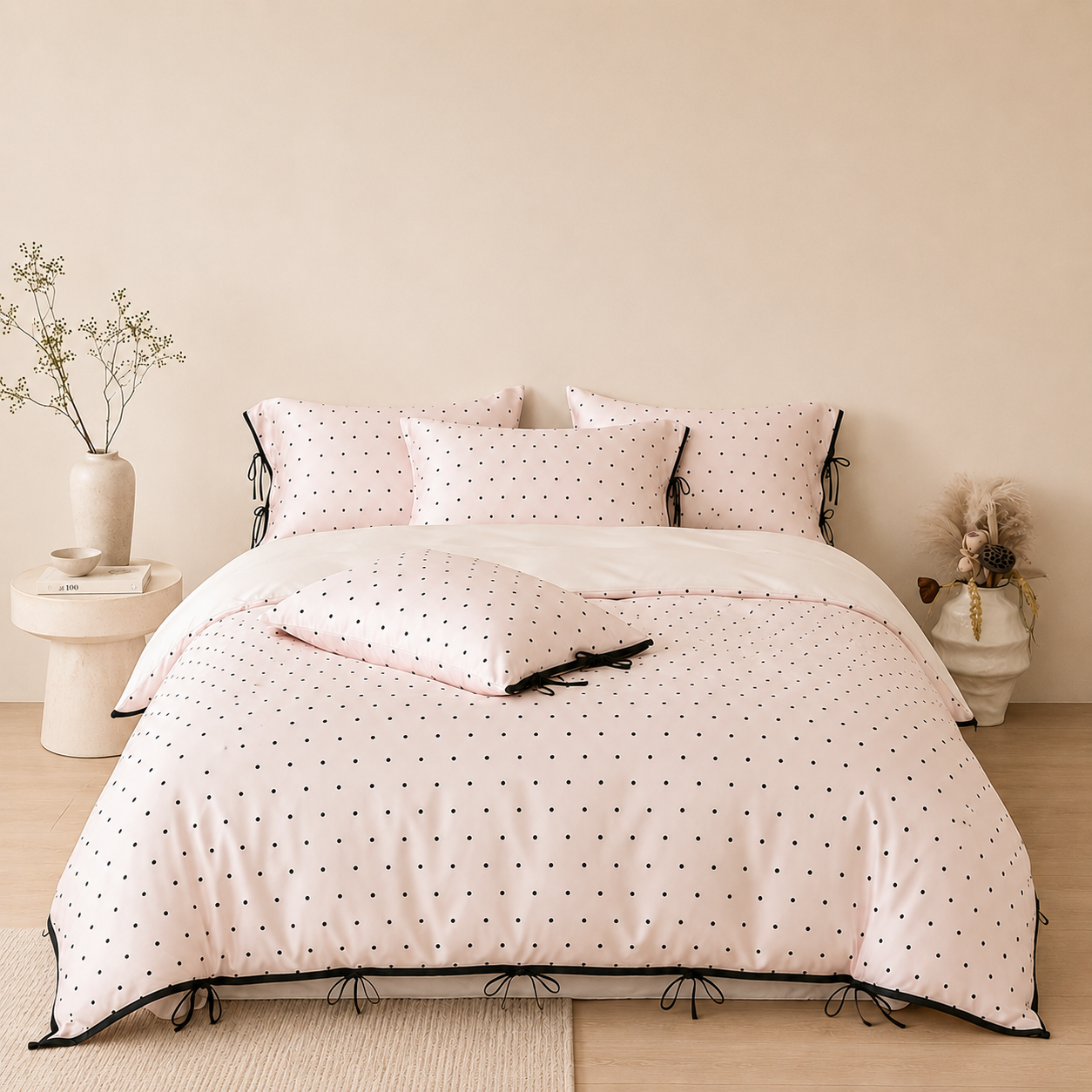 Pink Polka Dot Luxury Silk Bed Set